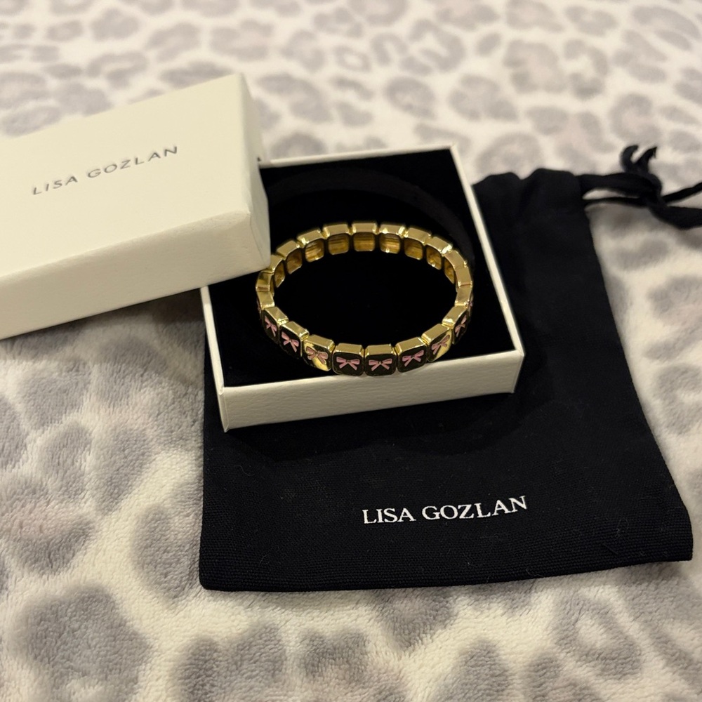 Lisa Gozlan Gold and Pink Bow Bracelet 6”